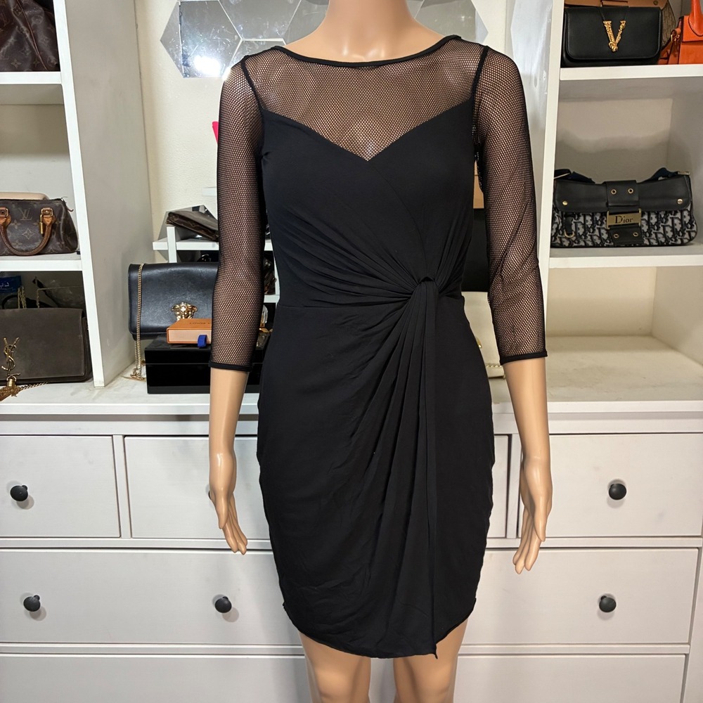 Bailey 44 Black Mesh Illusion Sheer Sleeve Twist Frontā Sheath Dress XS